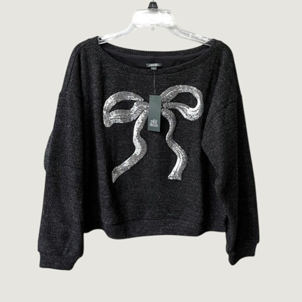 Wild Fable Sequin Bow Pullover Sweater Womens Small Deep Gray Sparkle Silver NWT
